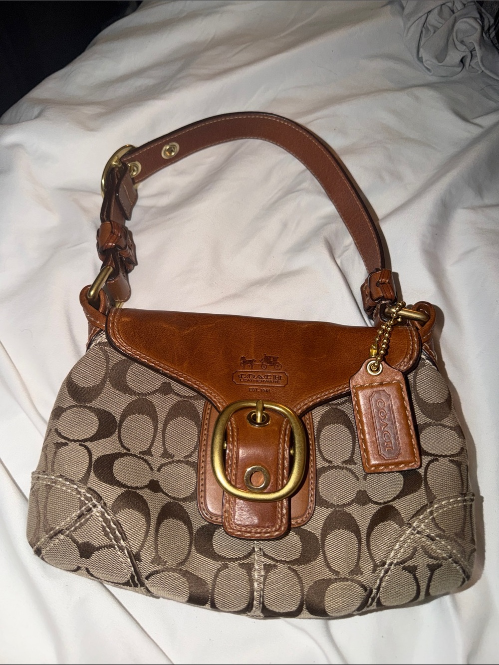 Coach Signature Canvas Shoulder Bag in Brown and Tan